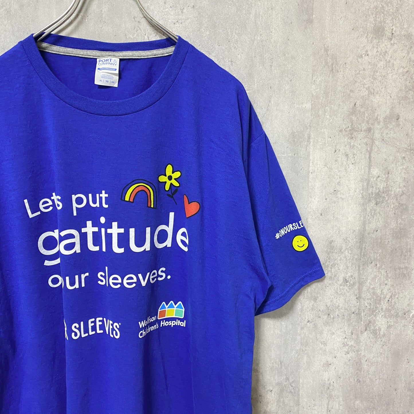 PORT＆COMPANY　半袖プリントメッセージTシャツ　4連プリント　企業ロゴ　青　ブルー　XLサイズ