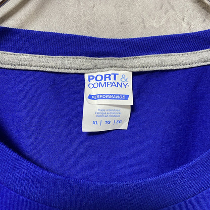 PORT＆COMPANY　半袖プリントメッセージTシャツ　4連プリント　企業ロゴ　青　ブルー　XLサイズ