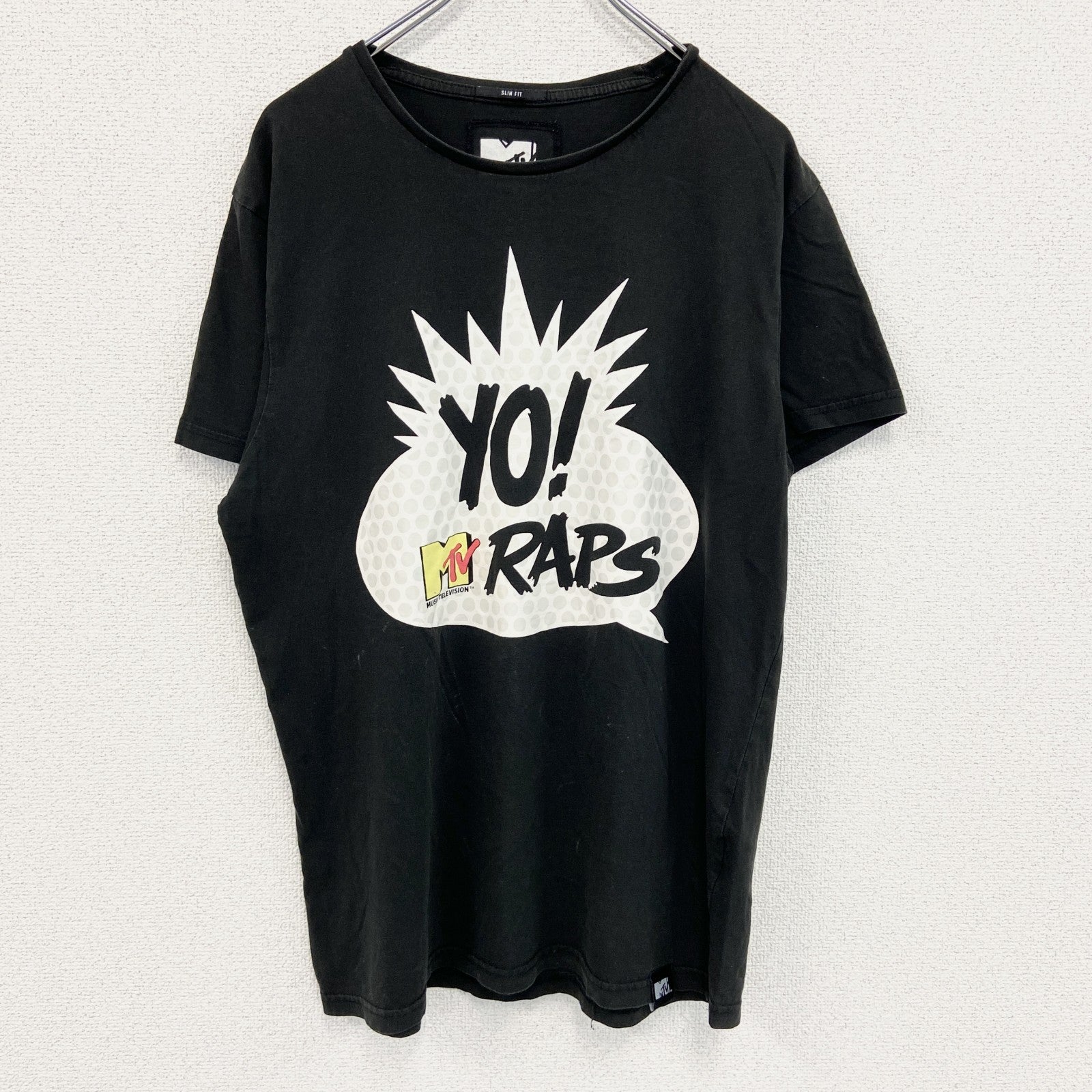 古着 used　M TV　半袖オリジナルプリントTシャツ　カジュアルデザイン　黒　ブラック　レトロ　クルーネック　XLサイズ