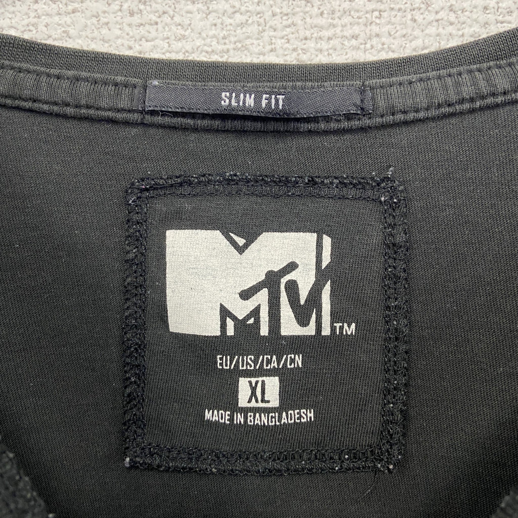 古着 used　M TV　半袖オリジナルプリントTシャツ　カジュアルデザイン　黒　ブラック　レトロ　クルーネック　XLサイズ