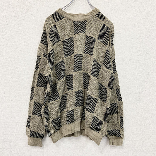 ～90s　TRENT　アクリルニットセーター　ヴィンテージ　総柄　ベージュ　Lサイズ