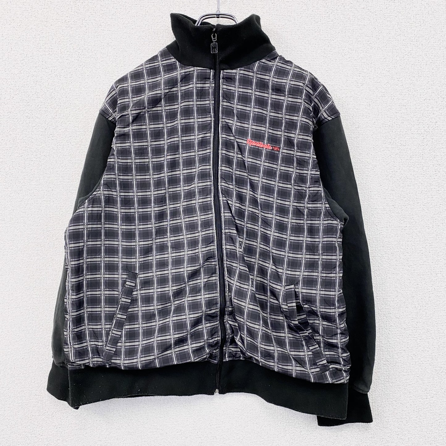 Reebok　リーボック　フルジップスウェットジャケット トラックジャケット　総柄　チェック柄　黒　3XLサイズ