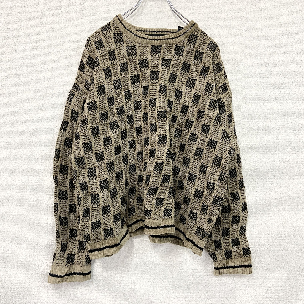 90s～　BRANDINI　アクリルニットセーター　ヴィンテージ　総柄　ベージュ　Lサイズ