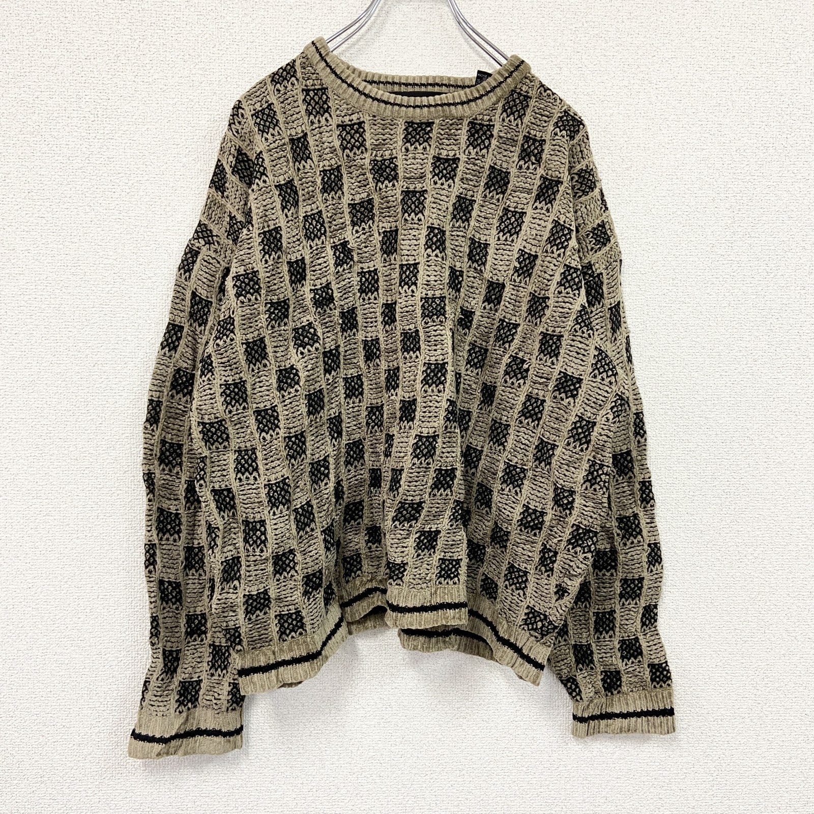 90s～　BRANDINI　アクリルニットセーター　ヴィンテージ　総柄　ベージュ　Lサイズ