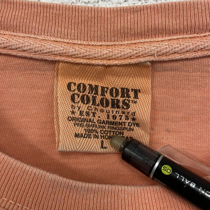 古着 used　COMFORT COLORS　半袖プリントTシャツ　魚　カジュアルデザイン　レトロ　オレンジ　クルーネック　Lサイズ