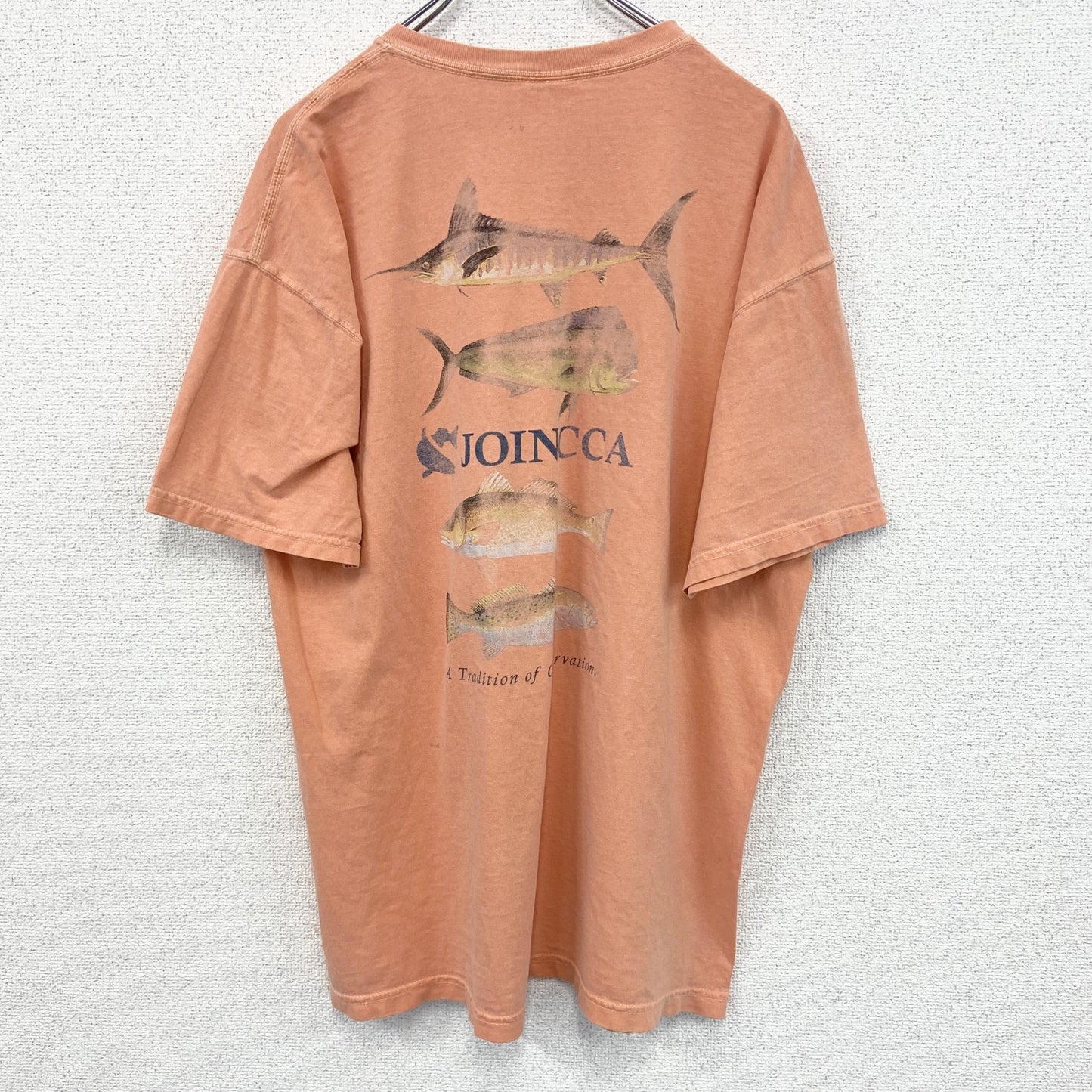 古着 used　COMFORT COLORS　半袖プリントTシャツ　魚　カジュアルデザイン　レトロ　オレンジ　クルーネック　Lサイズ