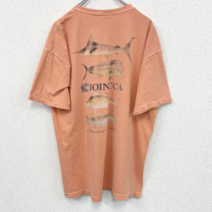 古着 used　COMFORT COLORS　半袖プリントTシャツ　魚　カジュアルデザイン　レトロ　オレンジ　クルーネック　Lサイズ