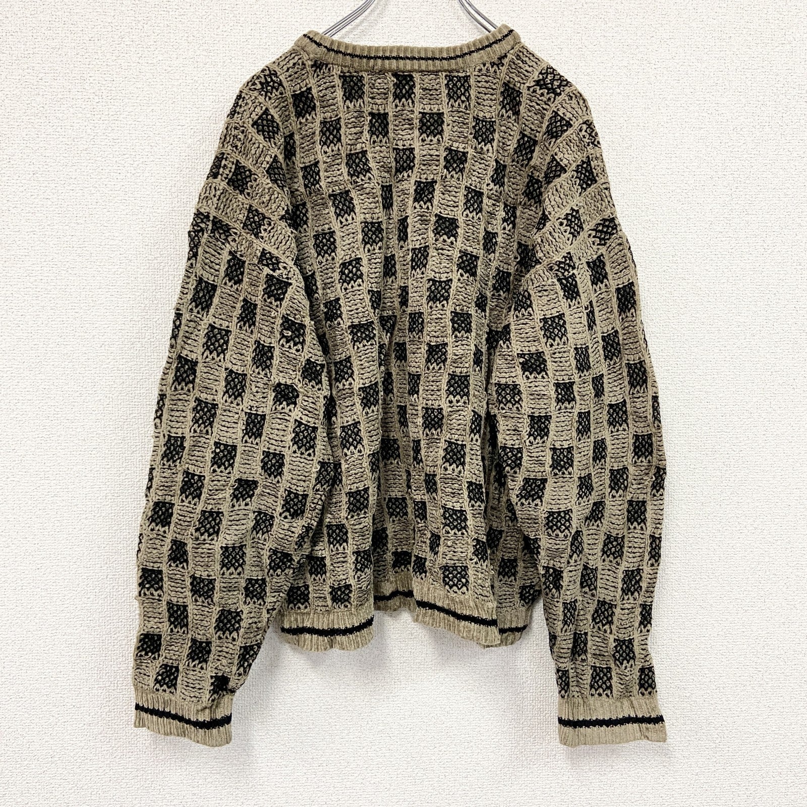 90s～　BRANDINI　アクリルニットセーター　ヴィンテージ　総柄　ベージュ　Lサイズ