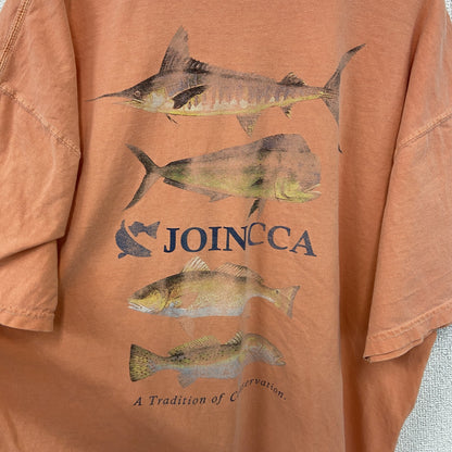 古着 used　COMFORT COLORS　半袖プリントTシャツ　魚　カジュアルデザイン　レトロ　オレンジ　クルーネック　Lサイズ