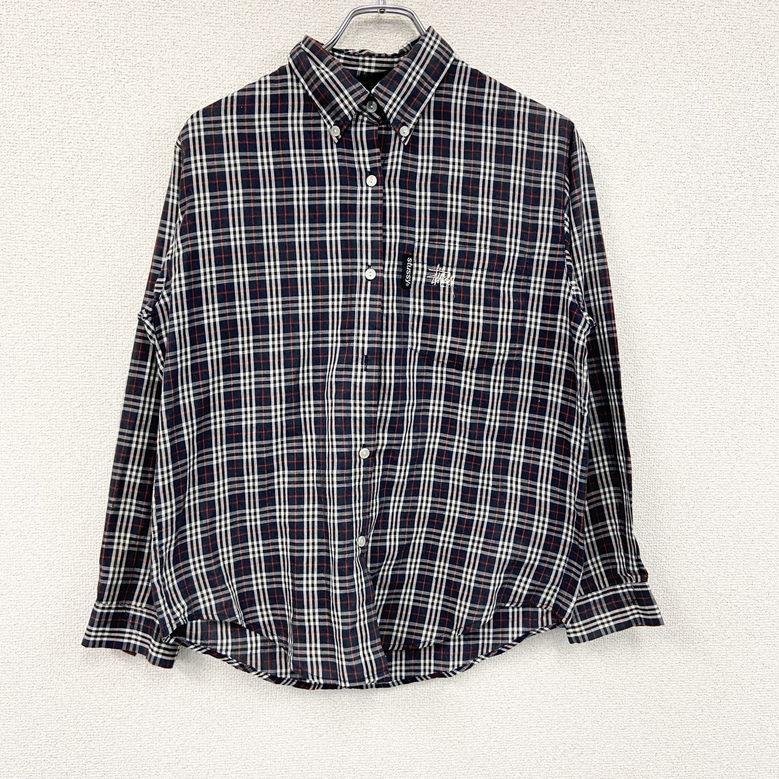 STUSSY　ステューシー　長袖ボタンダウンシャツ　チェック柄　マルチカラー　赤　レッド　紺　ネイビー