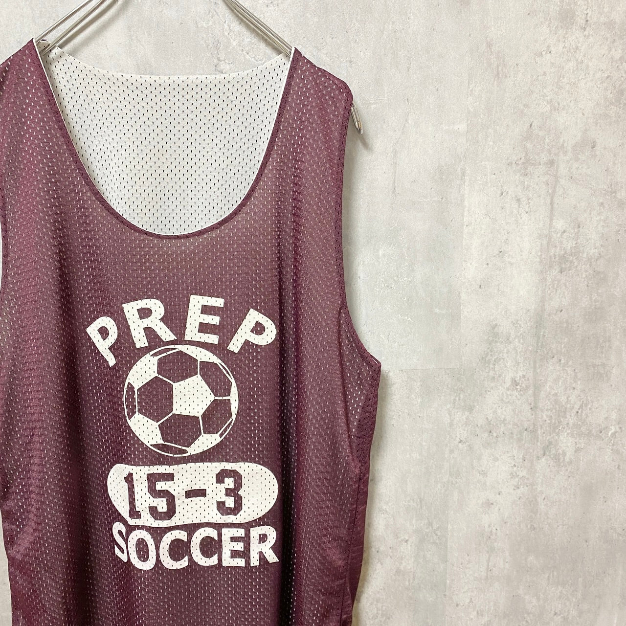 古着 used　ゲームタンクトッププリントシャツ　メッシュ素材　サッカー　soccer　スポーツ　PREP　ワインレッド