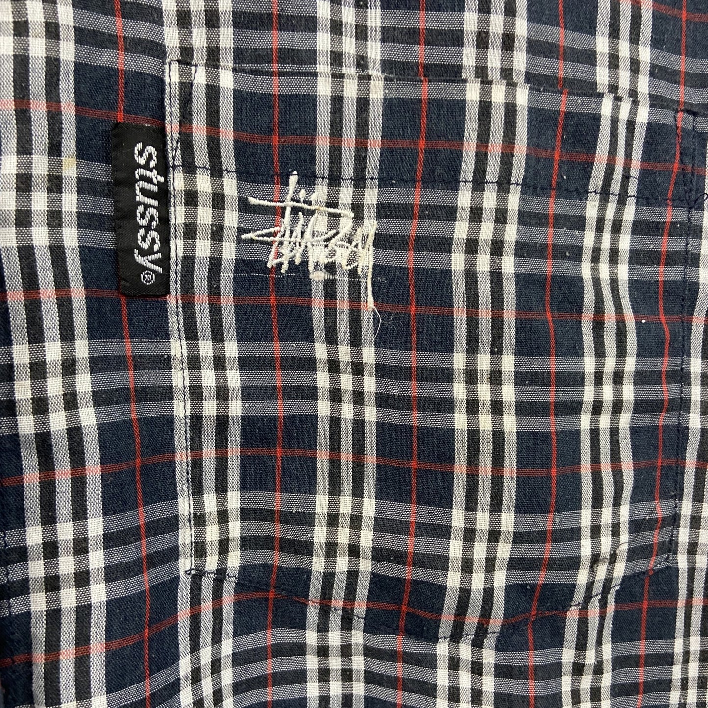 STUSSY　ステューシー　長袖ボタンダウンシャツ　チェック柄　マルチカラー　赤　レッド　紺　ネイビー