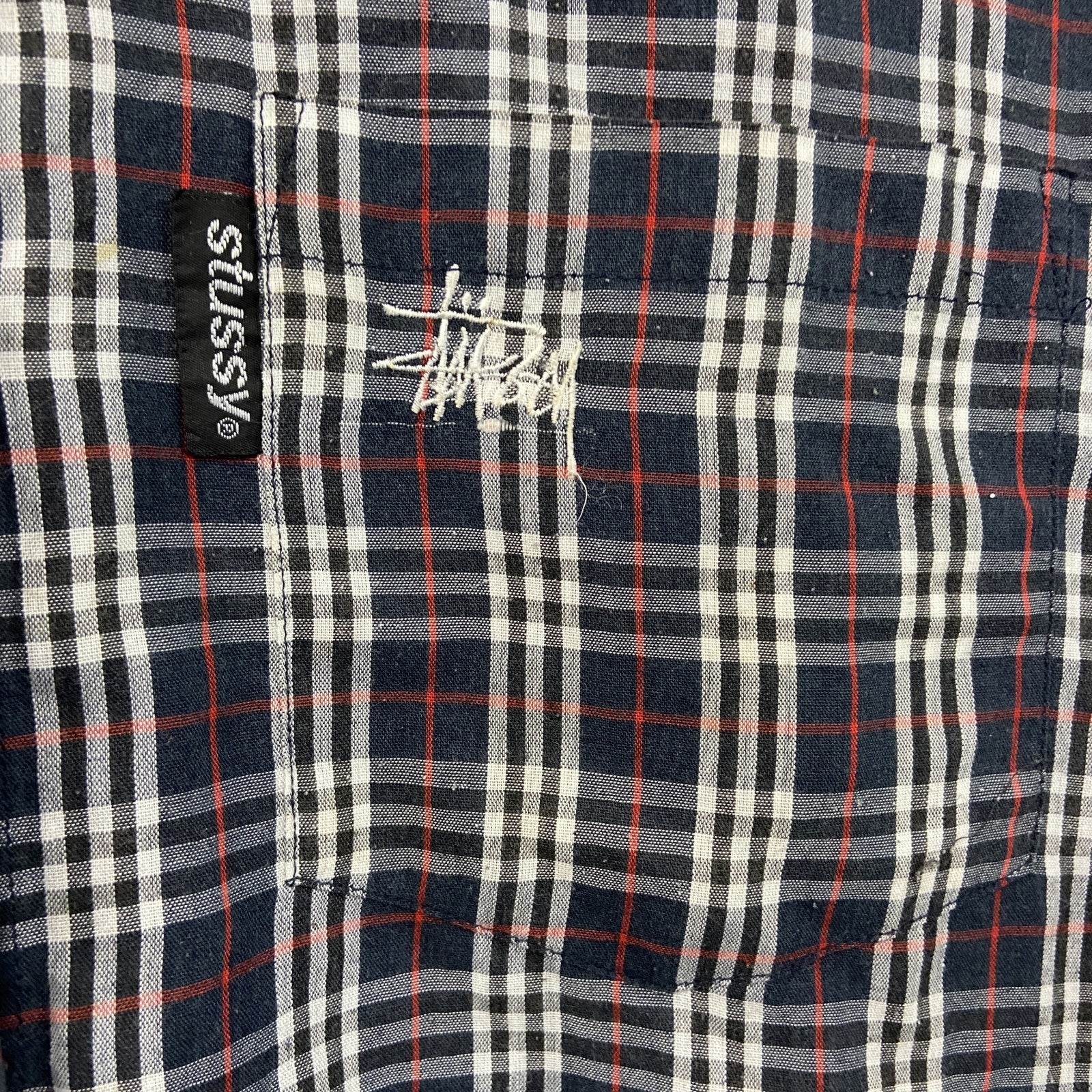 STUSSY　ステューシー　長袖ボタンダウンシャツ　チェック柄　マルチカラー　赤　レッド　紺　ネイビー