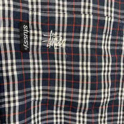 STUSSY　ステューシー　長袖ボタンダウンシャツ　チェック柄　マルチカラー　赤　レッド　紺　ネイビー