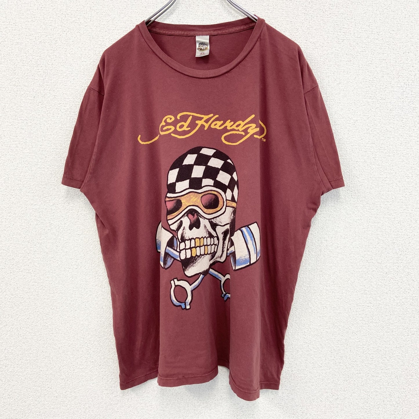 古着 used　Ed Hardy　エドハーディー　半袖プリントTシャツ　スカル　カジュアルデザイン　赤　クルーネック　XLサイズ