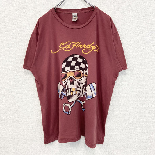 古着 used　Ed Hardy　エドハーディー　半袖プリントTシャツ　スカル　カジュアルデザイン　赤　クルーネック　XLサイズ