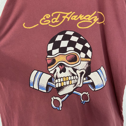古着 used　Ed Hardy　エドハーディー　半袖プリントTシャツ　スカル　カジュアルデザイン　赤　クルーネック　XLサイズ