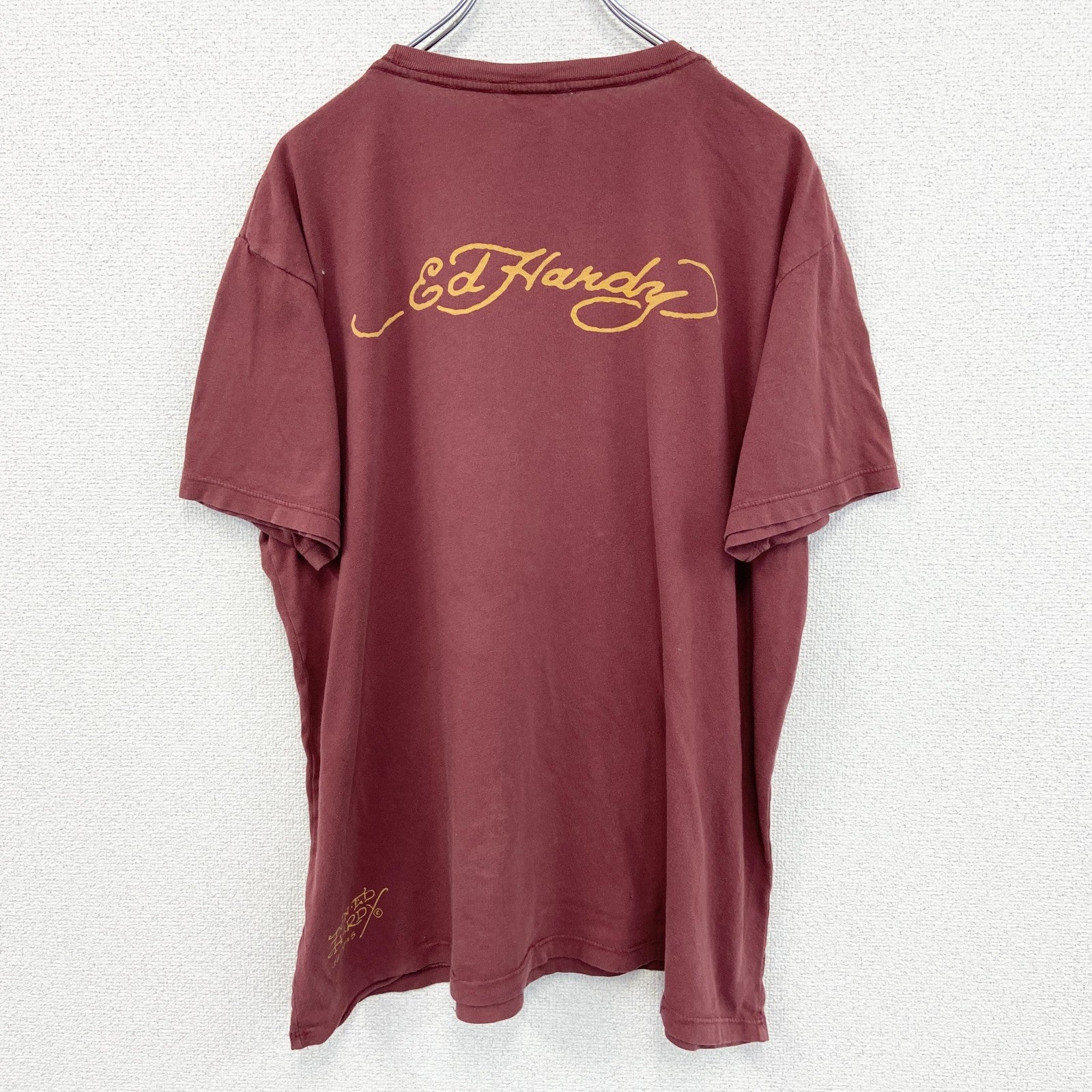 古着 used　Ed Hardy　エドハーディー　半袖プリントTシャツ　スカル　カジュアルデザイン　赤　クルーネック　XLサイズ