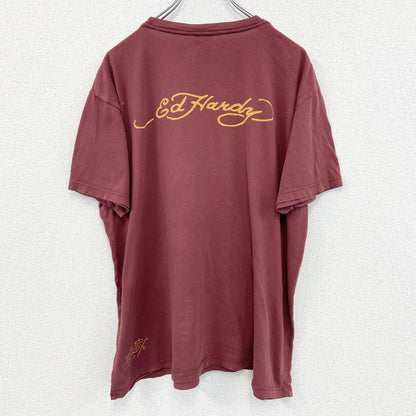 古着 used　Ed Hardy　エドハーディー　半袖プリントTシャツ　スカル　カジュアルデザイン　赤　クルーネック　XLサイズ
