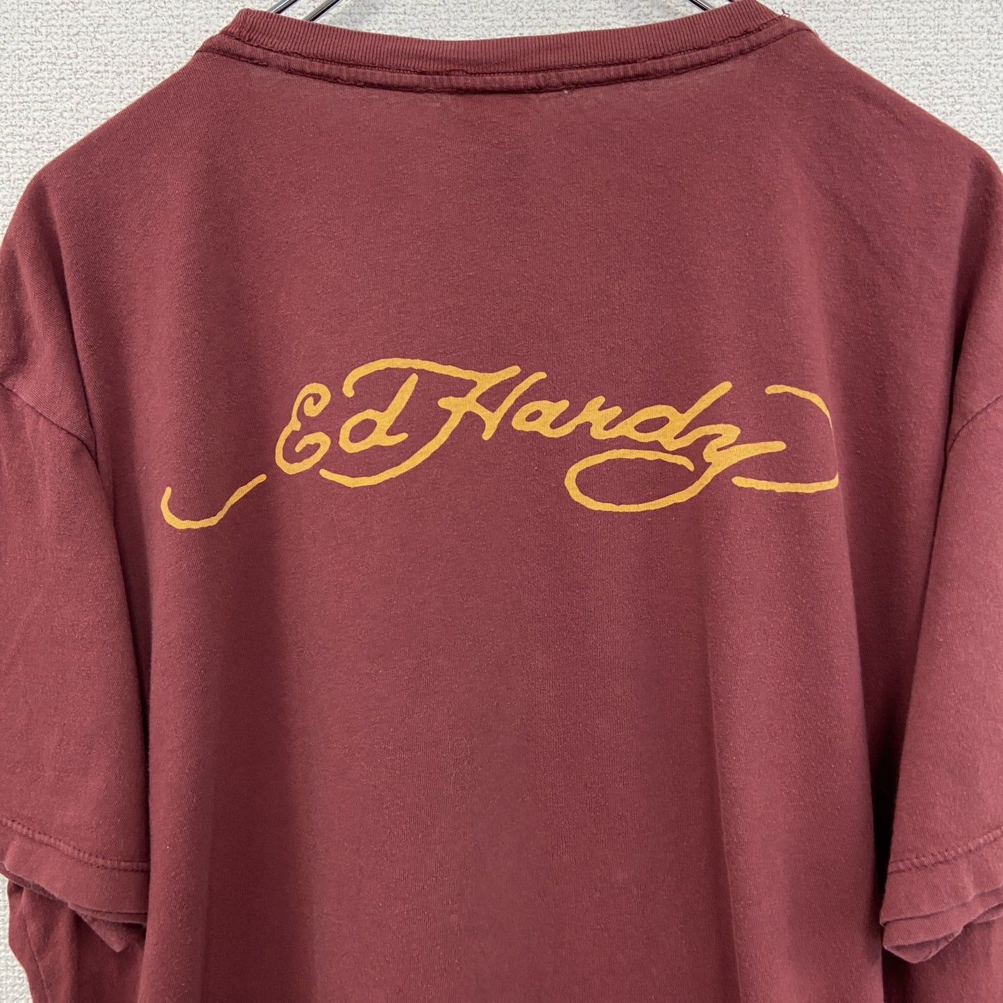 古着 used　Ed Hardy　エドハーディー　半袖プリントTシャツ　スカル　カジュアルデザイン　赤　クルーネック　XLサイズ