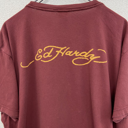 古着 used　Ed Hardy　エドハーディー　半袖プリントTシャツ　スカル　カジュアルデザイン　赤　クルーネック　XLサイズ