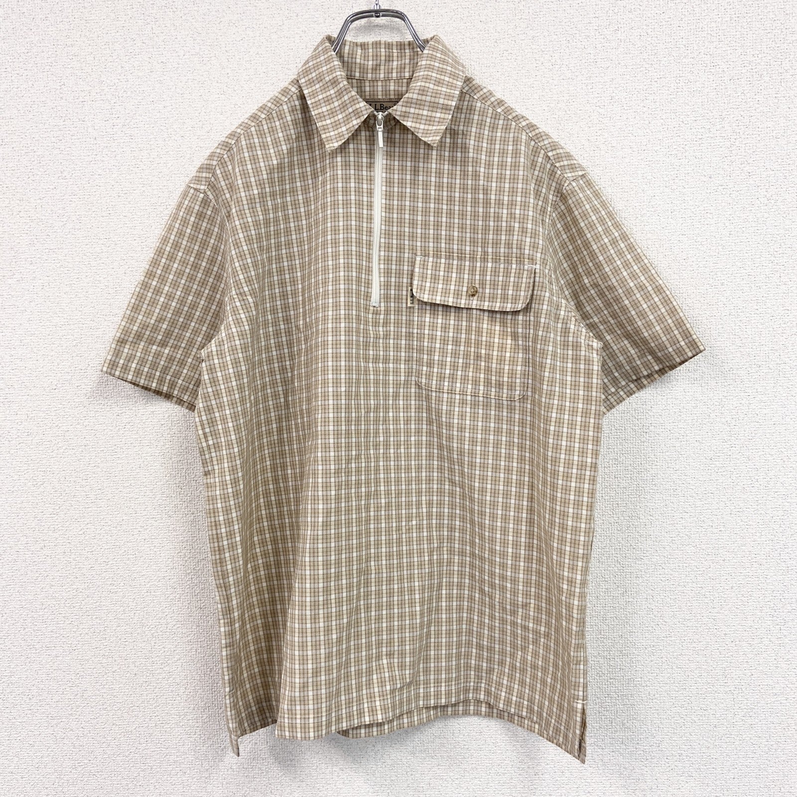 L.L.Bean　エルエルビーン　ハーフジップ半袖シャツ　チェック柄　ベージュ　Mサイズ