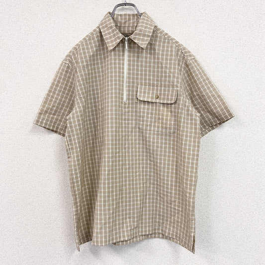 L.L.Bean　エルエルビーン　ハーフジップ半袖シャツ　チェック柄　ベージュ　Mサイズ