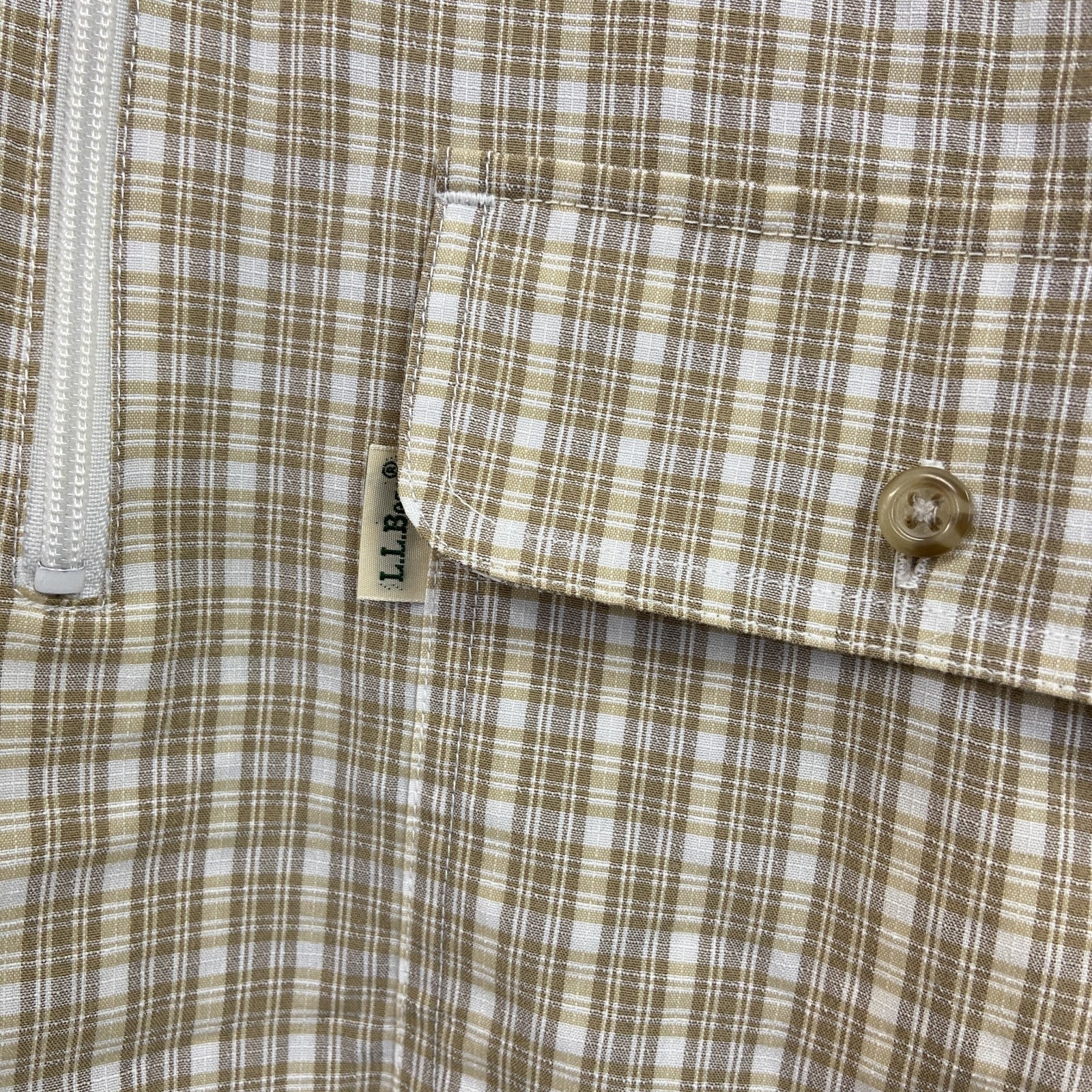L.L.Bean　エルエルビーン　ハーフジップ半袖シャツ　チェック柄　ベージュ　Mサイズ