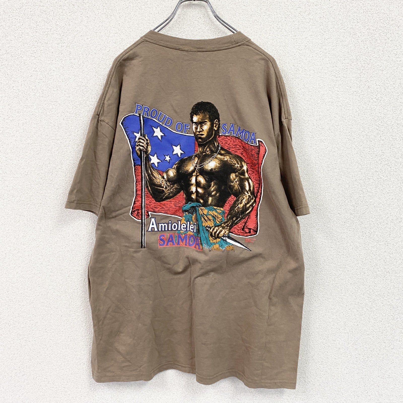 Hanes　ヘインズ　半袖プリントTシャツ　Samoan Strength　サモア国旗　茶色　ブラウン　XLサイズ