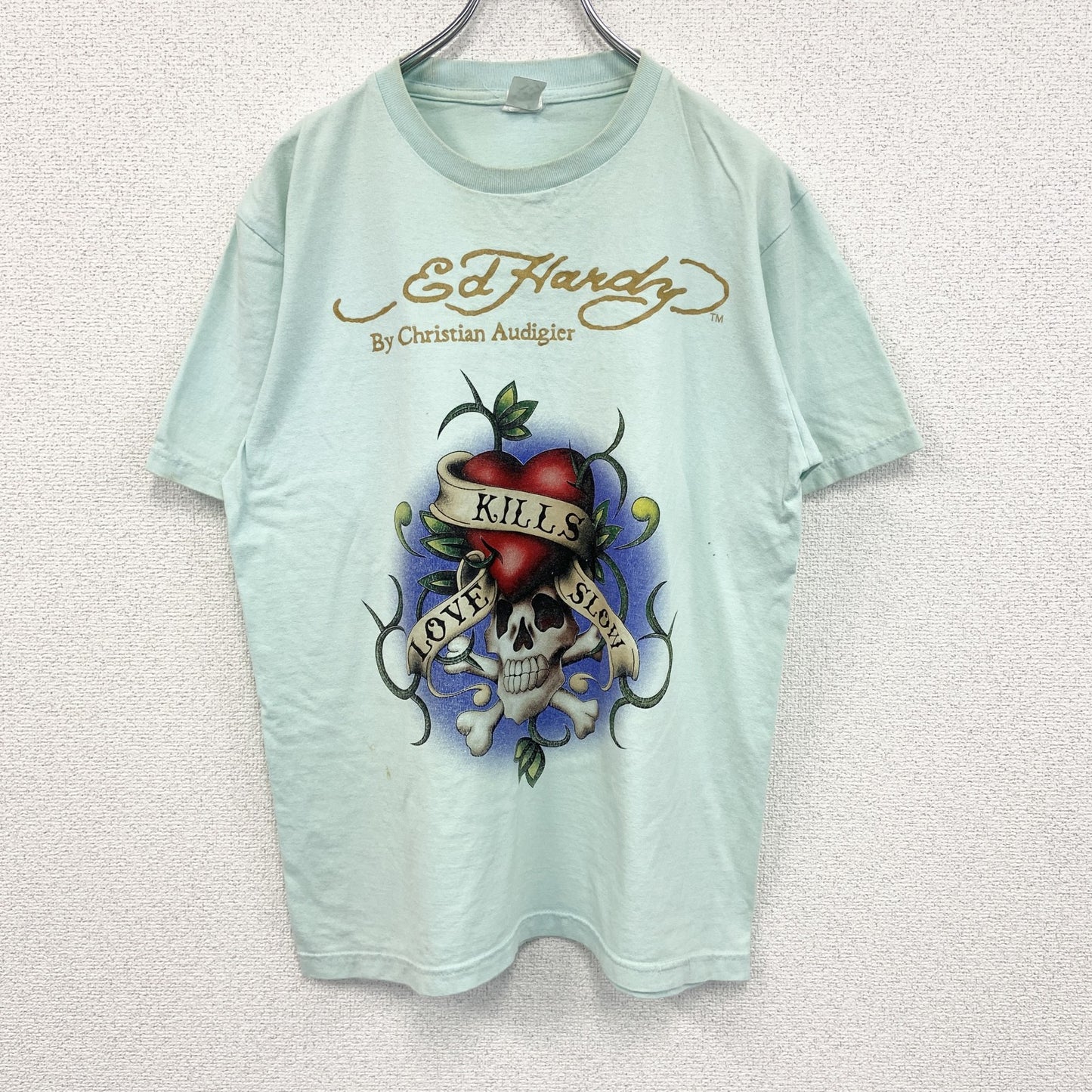 Ed Hardy　エドハーディー　半袖プリントTシャツ　ギャルT　スカル　ブルー　XLサイズ