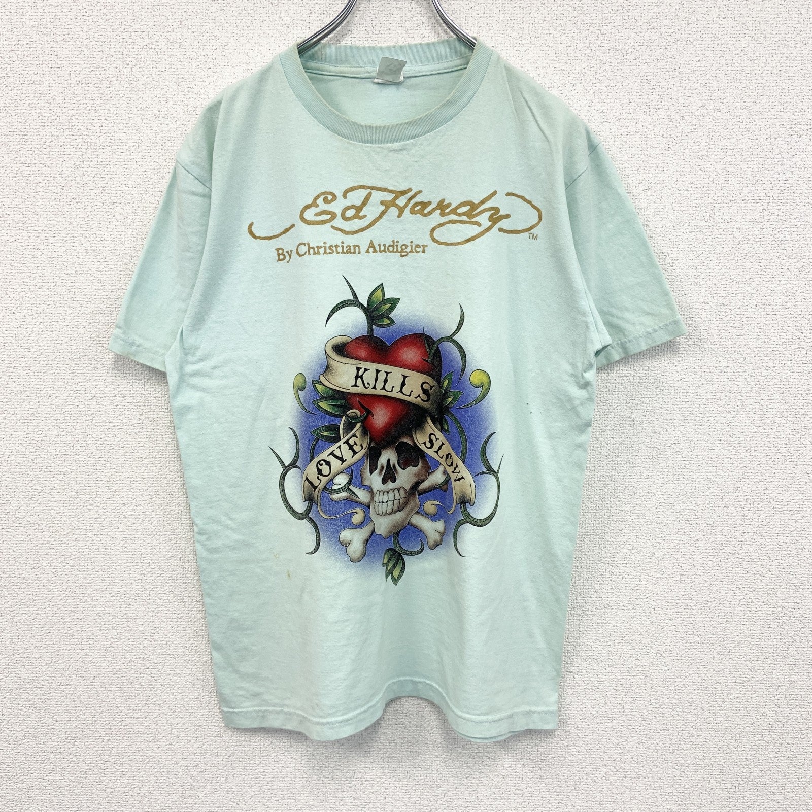 Ed Hardy　エドハーディー　半袖プリントTシャツ　ギャルT　スカル　ブルー　XLサイズ