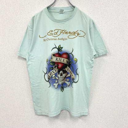 Ed Hardy　エドハーディー　半袖プリントTシャツ　ギャルT　スカル　ブルー　XLサイズ