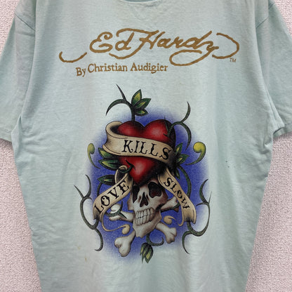 Ed Hardy　エドハーディー　半袖プリントTシャツ　ギャルT　スカル　ブルー　XLサイズ