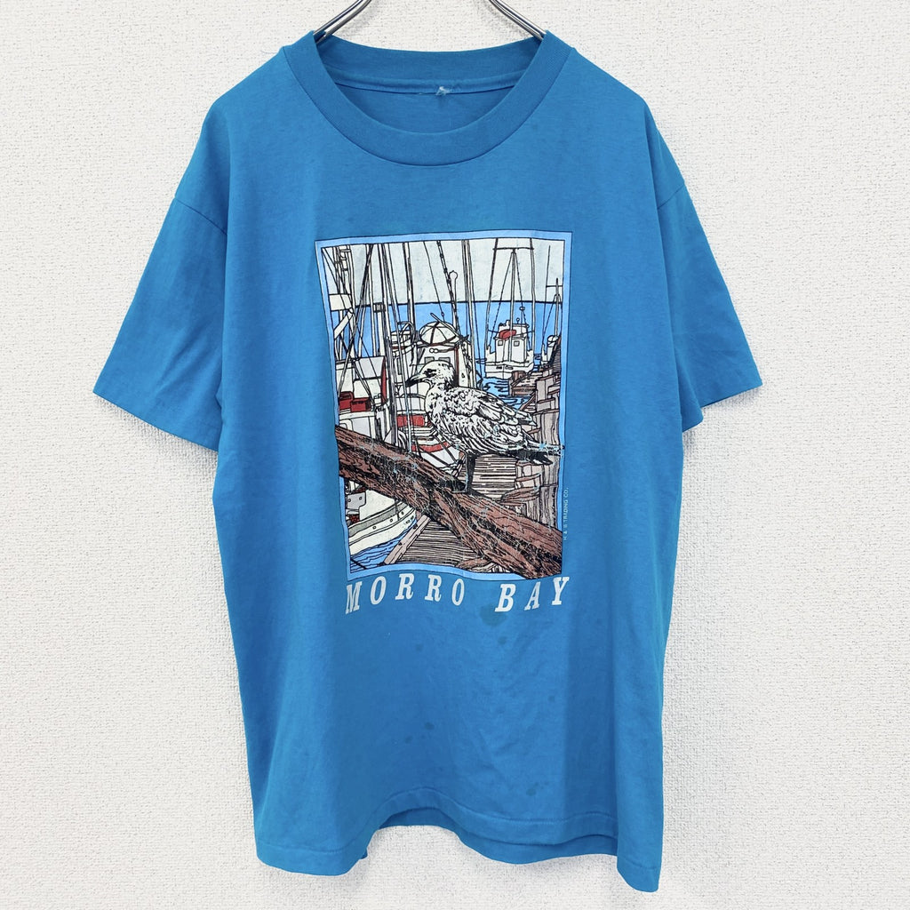 古着 used　半袖プリントTシャツ　アニマル　鳥　バード　港　シングルステッチ　水色　ブルー　クルーネック