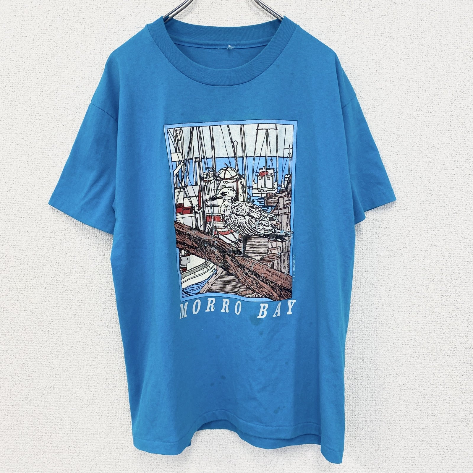 古着 used　半袖プリントTシャツ　アニマル　鳥　バード　港　シングルステッチ　水色　ブルー　クルーネック