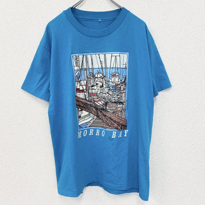 古着 used　半袖プリントTシャツ　アニマル　鳥　バード　港　シングルステッチ　水色　ブルー　クルーネック
