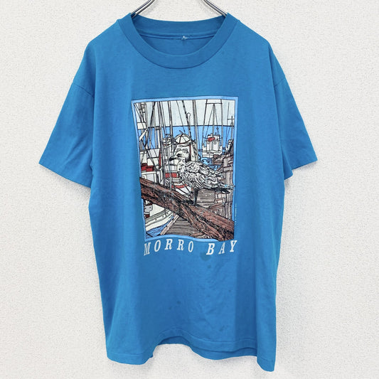 古着 used　半袖プリントTシャツ　アニマル　鳥　バード　港　シングルステッチ　水色　ブルー　クルーネック