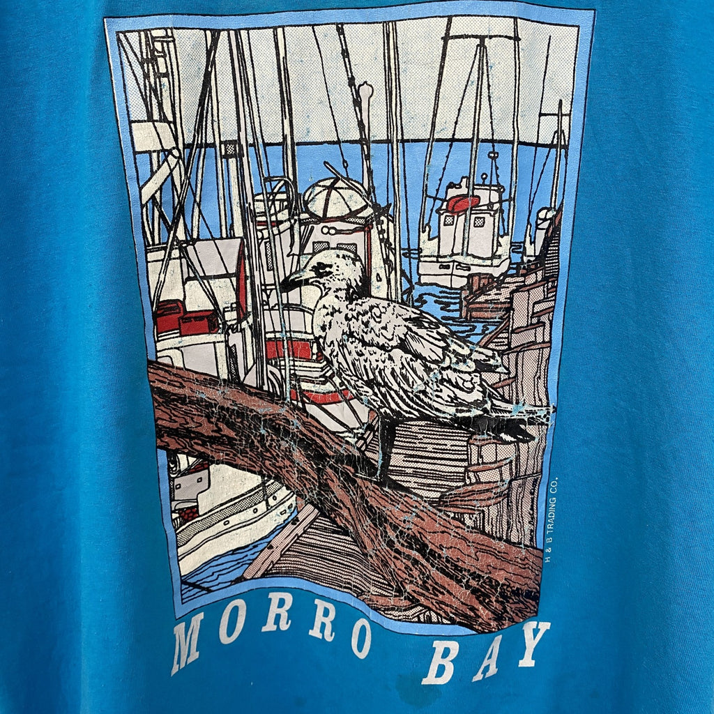 古着 used　半袖プリントTシャツ　アニマル　鳥　バード　港　シングルステッチ　水色　ブルー　クルーネック