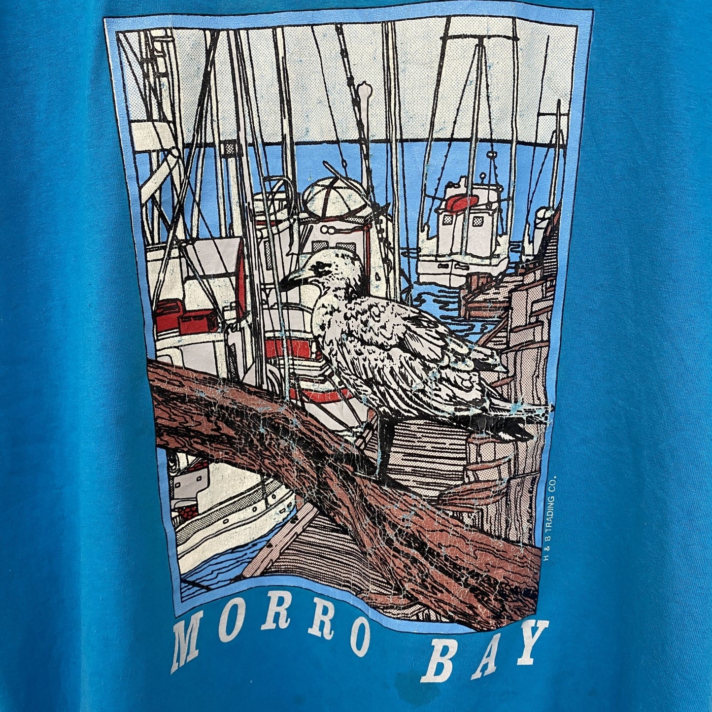 古着 used　半袖プリントTシャツ　アニマル　鳥　バード　港　シングルステッチ　水色　ブルー　クルーネック