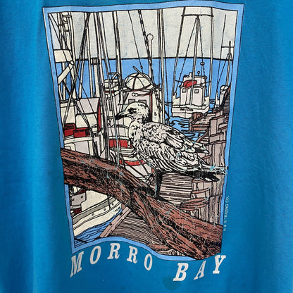 古着 used　半袖プリントTシャツ　アニマル　鳥　バード　港　シングルステッチ　水色　ブルー　クルーネック