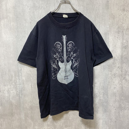 古着 used　anvil　アンビル　半袖プリントTシャツ　クルーネック　ギター　レトロデザイン　ブラック　黒　Mサイズ