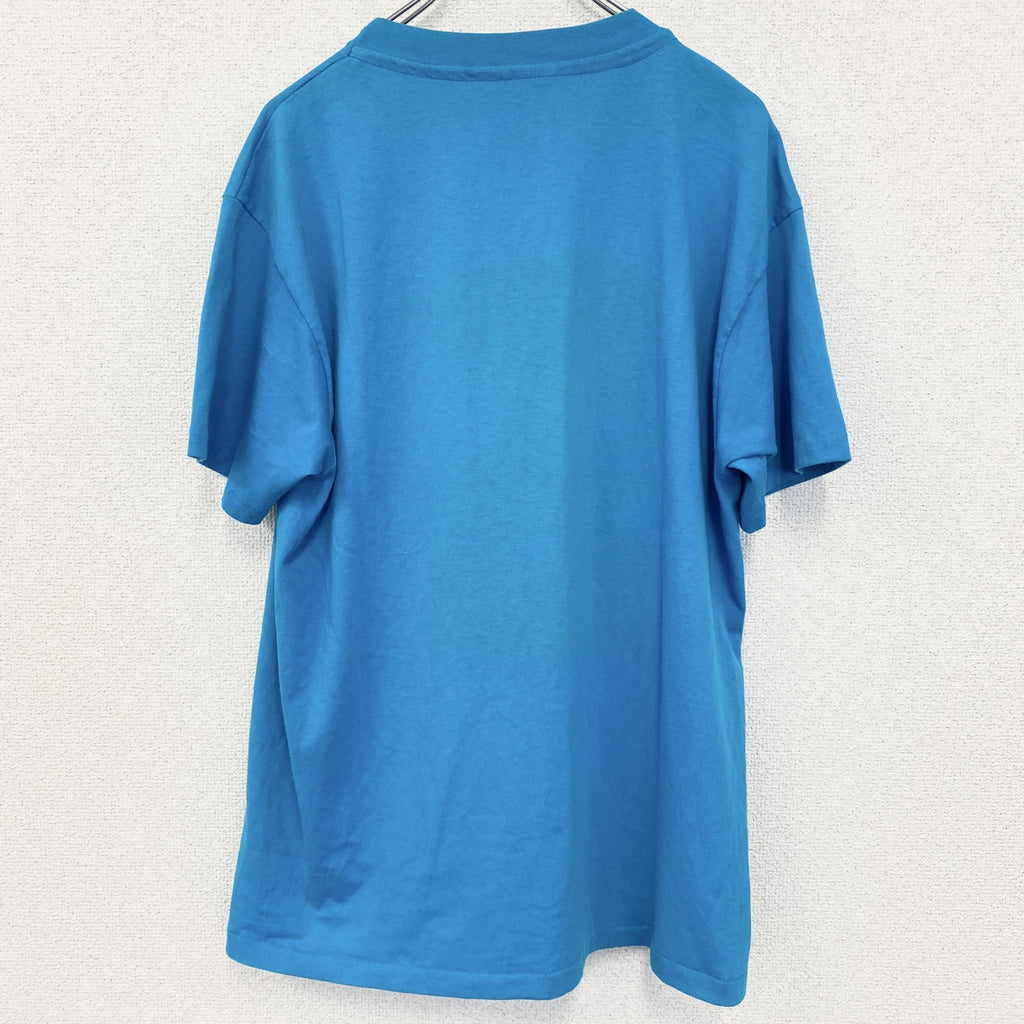 古着 used　半袖プリントTシャツ　アニマル　鳥　バード　港　シングルステッチ　水色　ブルー　クルーネック