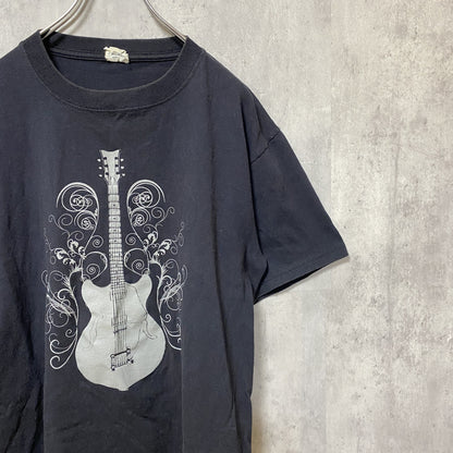 古着 used　anvil　アンビル　半袖プリントTシャツ　クルーネック　ギター　レトロデザイン　ブラック　黒　Mサイズ