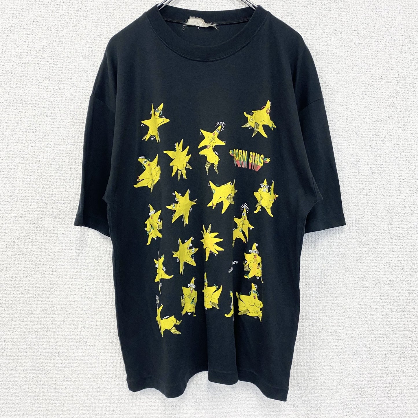 古着 used　半袖プリントTシャツ　シングルステッチ　ポルノ　エロT　星　スター　クルーネック　　黒　ブラック