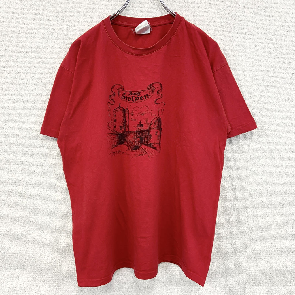 古着 used　B&C ビー&シー　半袖プリントTシャツ　カジュアルデザイン　赤　クルーネック　レトロデザイン　Lサイズ