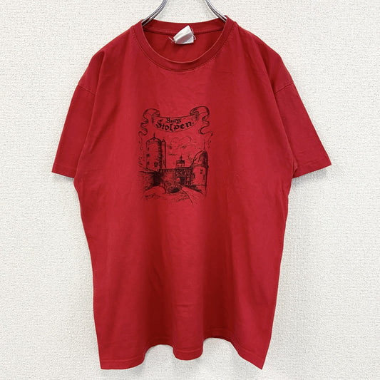 古着 used　B&C ビー&シー　半袖プリントTシャツ　カジュアルデザイン　赤　クルーネック　レトロデザイン　Lサイズ