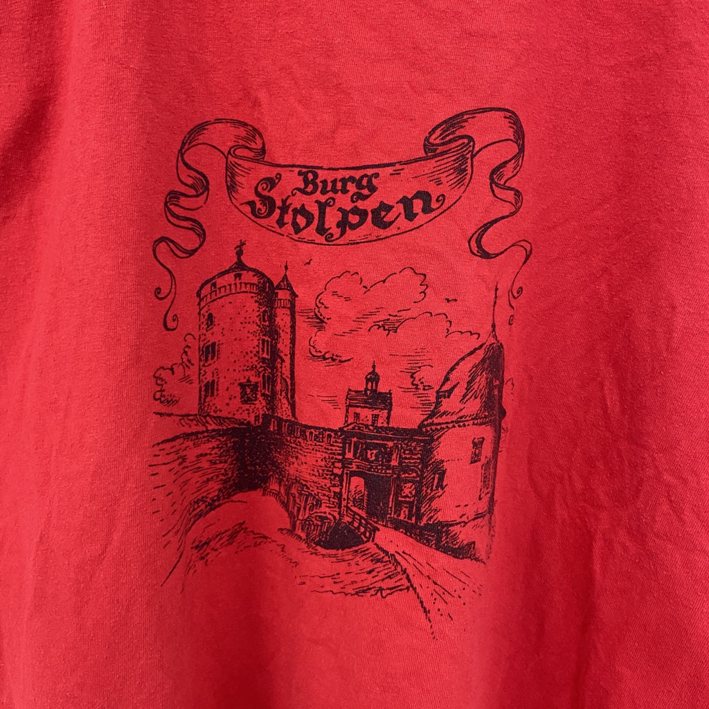 古着 used　B&C ビー&シー　半袖プリントTシャツ　カジュアルデザイン　赤　クルーネック　レトロデザイン　Lサイズ