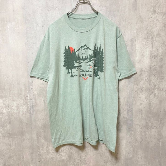 古着 used　半袖フロントプリントTシャツ　クルーネック　雪男　森　JACKLINKS　緑　グリーン　春夏服