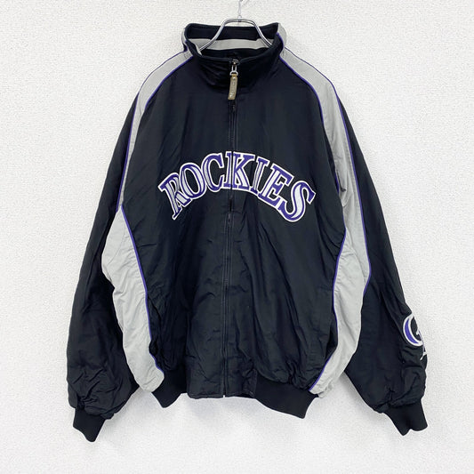90s　Majestic　フルジジップナイロンジャケット　ROCKIES　バイカラー　ヴィンテージ　黒　ブラック　XLサイズ