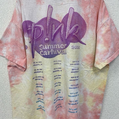 古着 used　PINK　半袖プリントTシャツ　クルーネック　レトロデザイン　タイダイ　カラフル　ピンク　XLサイズ